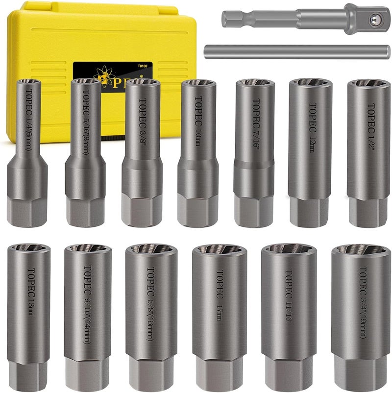Topec 15PCS Deep Bolt Extractor Kit, 6mm-19mm Nut Extractor Socket Set, 3/8" Drive Rounded Bolt Remover, Spark Plug Extractor Tool for Broken, Stripped, Damaged, Rusted Stud and Bolt Nuts - Image 1